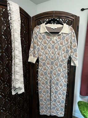 Cream Knit Polo Midi Dress with Blue and Brown Pattern